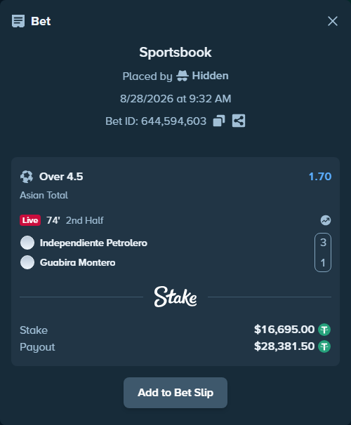 Bet slip: Independiente Petrolero - Guabira Montero, $16,693.33 stake at 1.70 odds, placed by Hidden