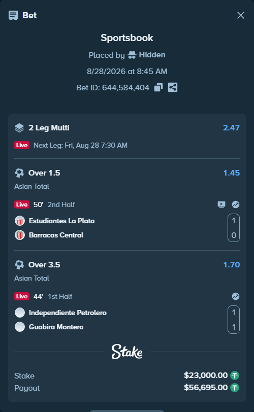 Bet slip: Independiente Petrolero - Guabira Montero, $22,997.70 stake at 1.70 odds, placed by Hidden