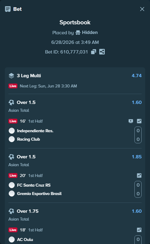 Bet slip: Independiente Reserve - Racing Club Avellaneda, $58,917.30 stake at 1.60 odds, placed by Hidden