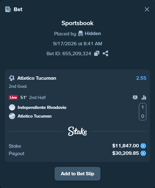Bet slip: Independiente Rivadavia - Atletico Tucuman, $11,847.00 stake at 2.55 odds, placed by Hidden