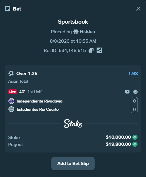 Bet slip: Independiente Rivadavia - Estudiantes Rio Cuarto, $10,010.00 stake at 1.98 odds, placed by Hidden