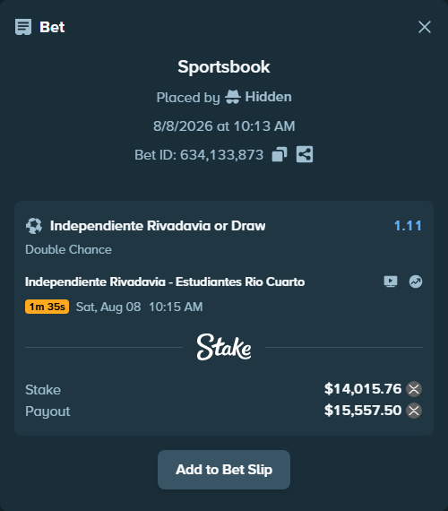 Bet slip: Independiente Rivadavia - Estudiantes Rio Cuarto, $14,143.84 stake at 1.11 odds, placed by Hidden