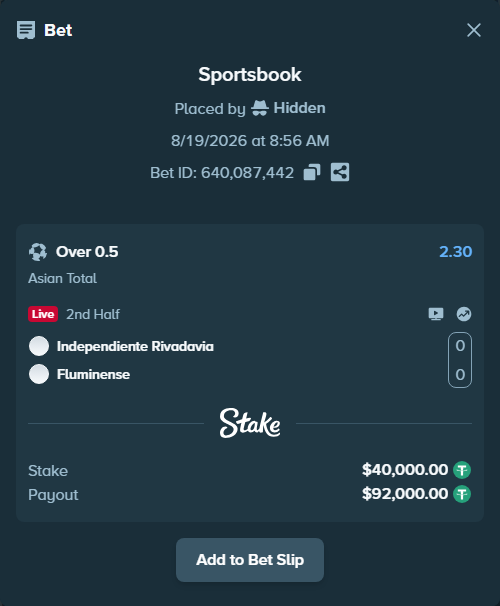 Bet slip: Independiente Rivadavia - Fluminense, $40,040.00 stake at 2.30 odds, placed by Hidden