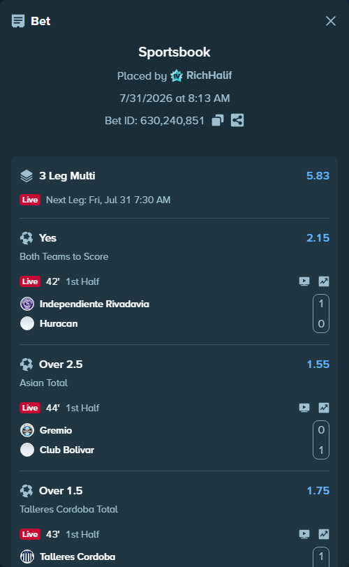 Bet slip: Independiente Rivadavia - Huracan, $10,000.00 stake at 2.15 odds, placed by RichHalif