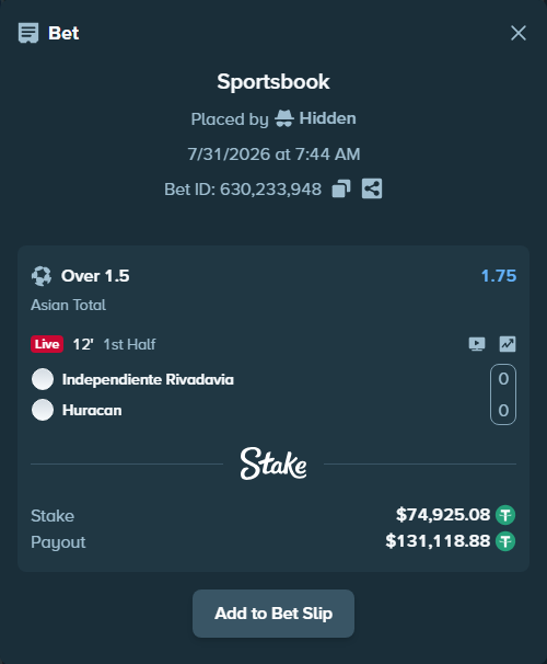Bet slip: Independiente Rivadavia - Huracan, $75,000.00 stake at 1.75 odds, placed by Hidden