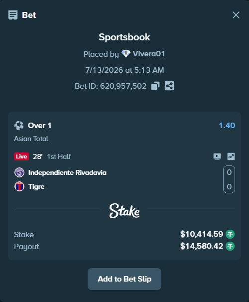 Bet slip: Independiente Rivadavia - Tigre, $10,425.00 stake at 1.40 odds, placed by Vivera01