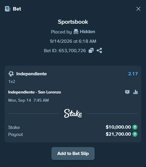 Bet slip: Independiente - San Lorenzo, $10,000.00 stake at 2.17 odds, placed by Hidden