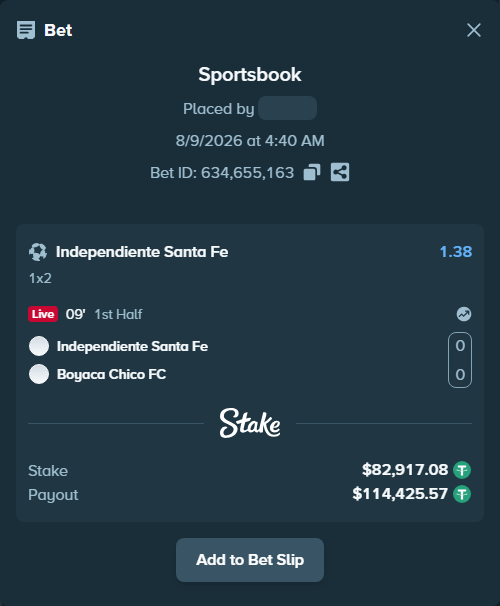Bet slip: Independiente Santa Fe - Boyaca Chico FC, $83,000.00 stake at 1.38 odds, placed by ayoflasher