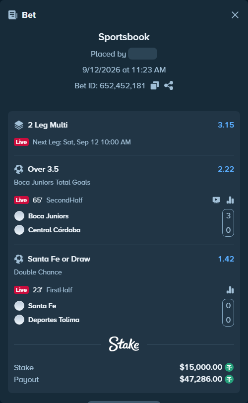Bet slip: Independiente Santa Fe - CD Tolima, $15,000.00 stake at 1.42 odds, placed by KOHINUR7474