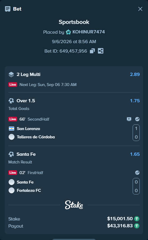 Bet slip: Independiente Santa Fe - Fortaleza FC, $15,000.00 stake at 1.65 odds, placed by KOHINUR7474