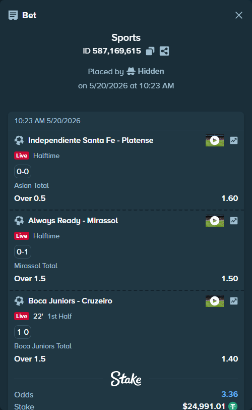 Bet slip: Independiente Santa Fe - Platense, $25,016.00 stake at 1.60 odds, placed by Hidden