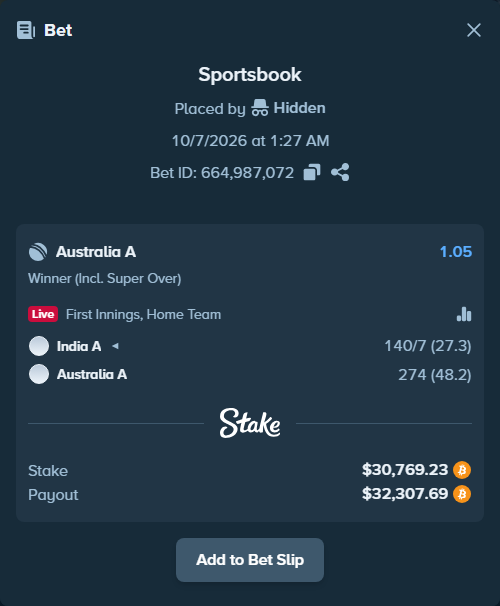 Bet slip: India A - Australia A, $30,575.85 stake at 1.05 odds, placed by hungrybox