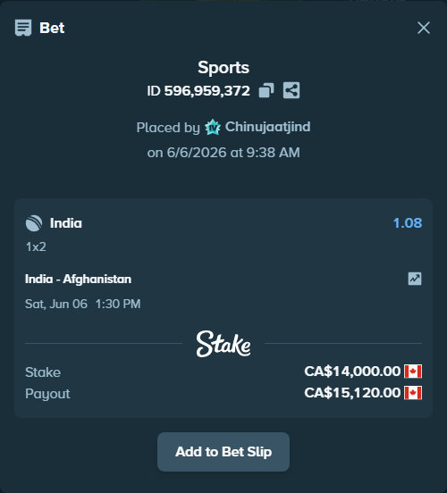 Bet slip: India - Afghanistan, $10,360.00 stake at 1.08 odds, placed by Chinujaatjind