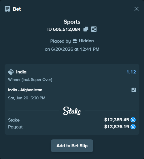 Bet slip: India - Afghanistan, $12,389.45 stake at 1.12 odds, placed by Hidden