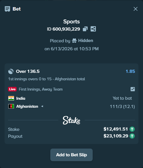 Bet slip: India - Afghanistan, $12,504.00 stake at 1.85 odds, placed by Hidden
