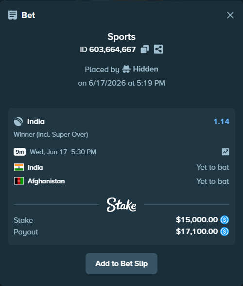 Bet slip: India - Afghanistan, $15,000.00 stake at 1.14 odds, placed by Hidden
