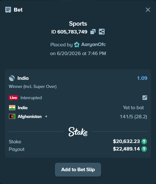 Bet slip: India - Afghanistan, $20,652.87 stake at 1.09 odds, placed by AaryanOfc