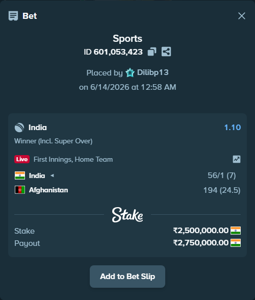 Bet slip: India - Afghanistan, $30,000.00 stake at 1.10 odds, placed by Dilibp13