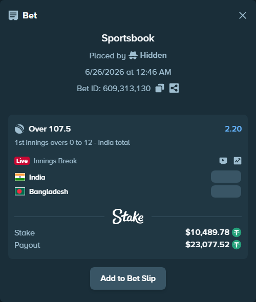 Bet slip: India - Bangladesh, $10,500.27 stake at 2.20 odds, placed by Hidden