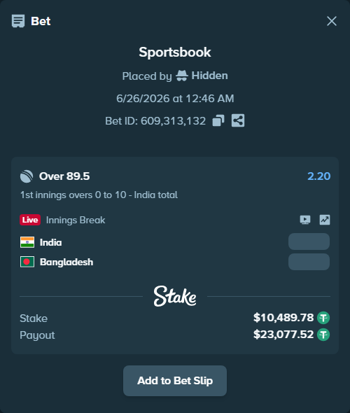 Bet slip: India - Bangladesh, $10,500.27 stake at 2.20 odds, placed by Hidden
