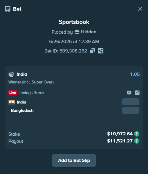 Bet slip: India - Bangladesh, $10,983.61 stake at 1.05 odds, placed by devendra8758