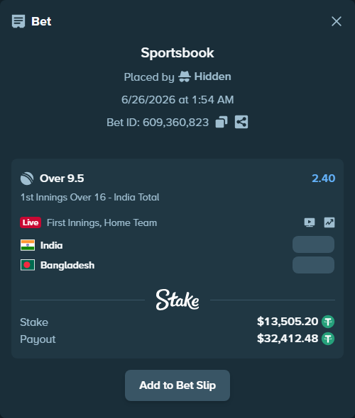 Bet slip: India - Bangladesh, $13,518.70 stake at 2.40 odds, placed by Hidden