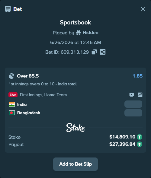 Bet slip: India - Bangladesh, $14,823.91 stake at 1.85 odds, placed by Hidden
