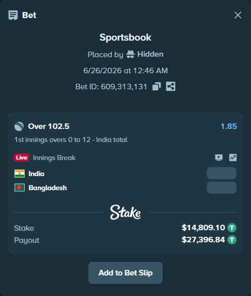 Bet slip: India - Bangladesh, $14,823.91 stake at 1.85 odds, placed by Hidden