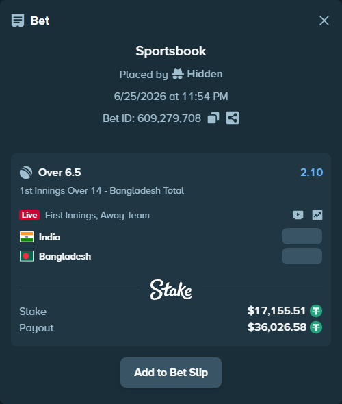 Bet slip: India - Bangladesh, $17,172.67 stake at 2.10 odds, placed by Hidden