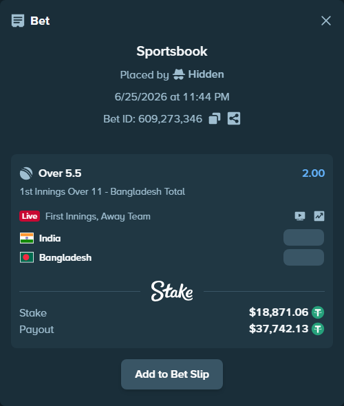 Bet slip: India - Bangladesh, $18,889.94 stake at 2.00 odds, placed by Hidden