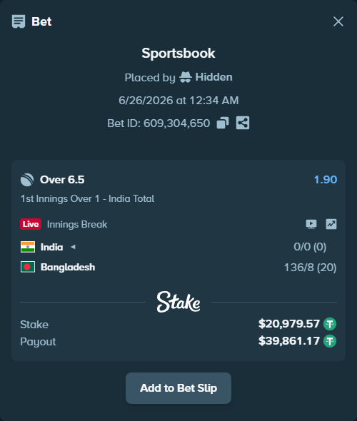 Bet slip: India - Bangladesh, $21,000.54 stake at 1.90 odds, placed by Hidden