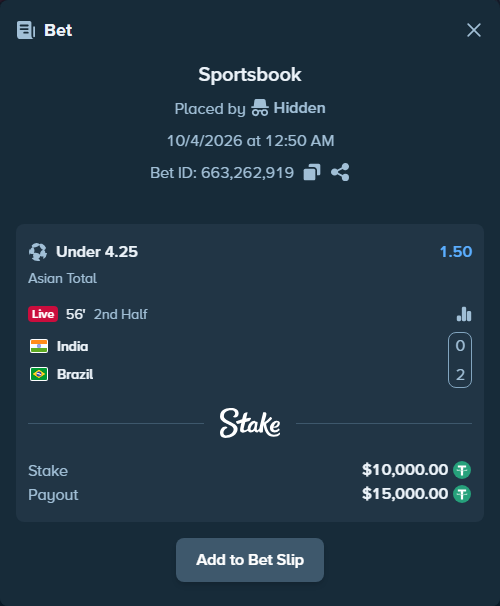 Bet slip: India - Brazil, $10,000.00 stake at 1.50 odds, placed by Hidden