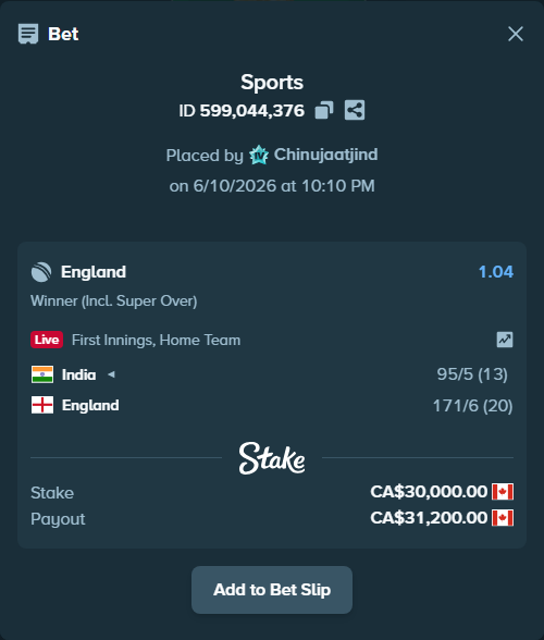 Bet slip: India - England, $22,200.00 stake at 1.04 odds, placed by Chinujaatjind