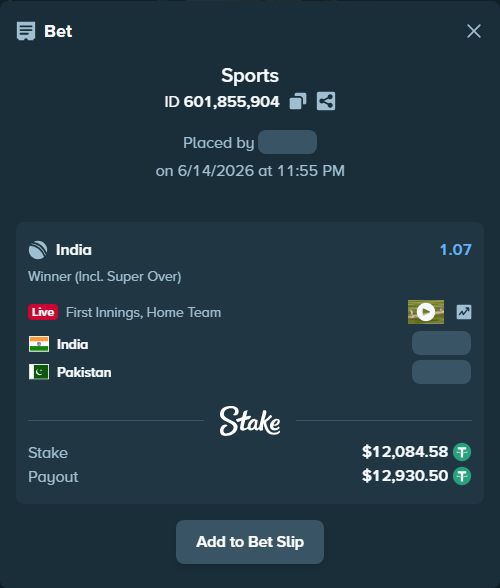 Bet slip: India - Pakistan, $12,096.66 stake at 1.07 odds, placed by DEATHOVERS