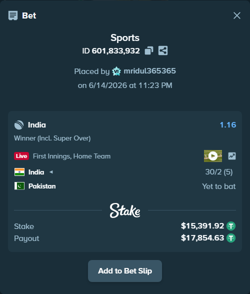 Bet slip: India - Pakistan, $15,407.32 stake at 1.16 odds, placed by mridul365365