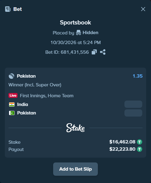 Bet slip: India - Pakistan, $16,495.00 stake at 1.35 odds, placed by Robel345345