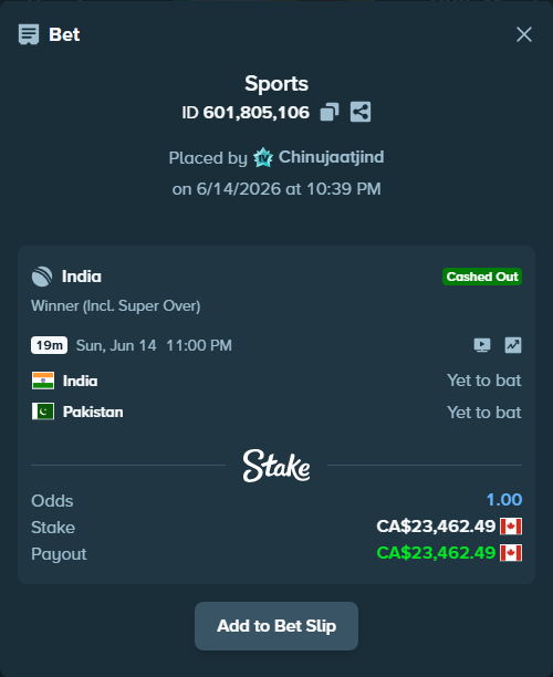 Bet slip: India - Pakistan, $17,362.24 stake at 1.08 odds, placed by Chinujaatjind