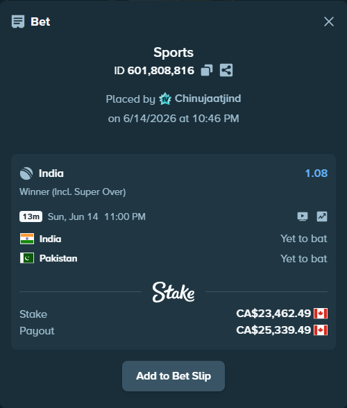 Bet slip: India - Pakistan, $17,362.24 stake at 1.08 odds, placed by Chinujaatjind
