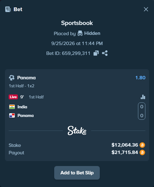 Bet slip: India - Panama, $12,121.37 stake at 1.80 odds, placed by Hidden