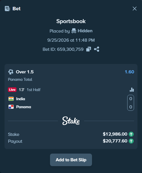 Bet slip: India - Panama, $12,986.00 stake at 1.60 odds, placed by tlwns4736
