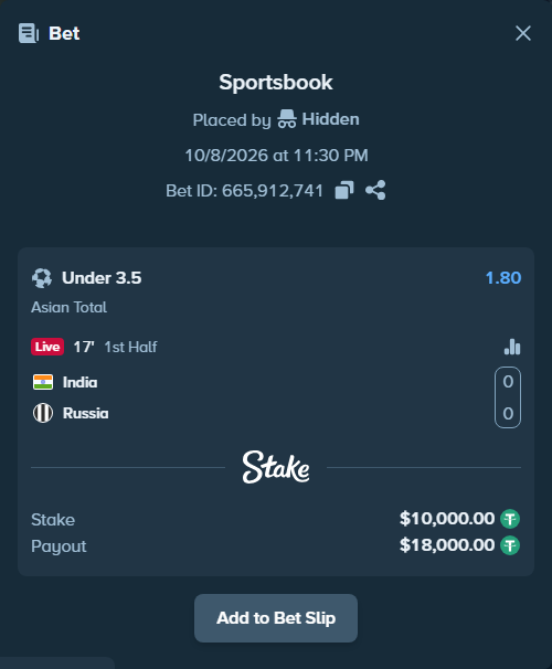 Bet slip: India - Russia, $10,000.00 stake at 1.80 odds, placed by kankerxeqtr