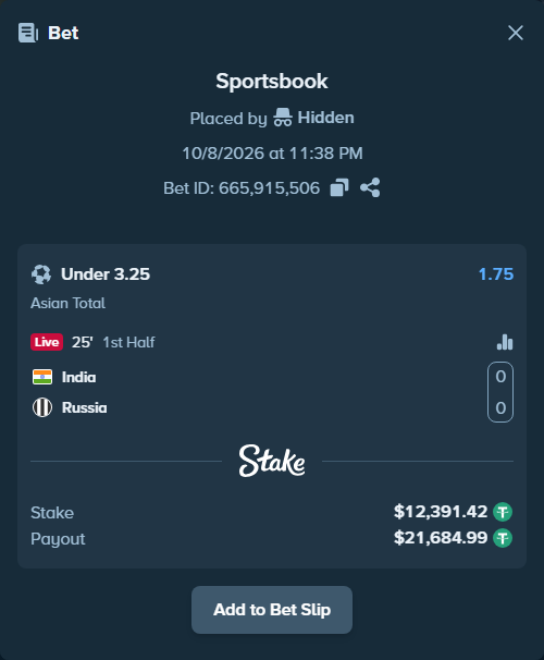 Bet slip: India - Russia, $12,391.42 stake at 1.75 odds, placed by kankerxeqtr