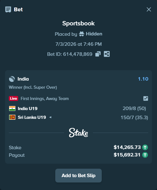 Bet slip: India  - Sri Lanka , $14,280.00 stake at 1.10 odds, placed by RealJuari