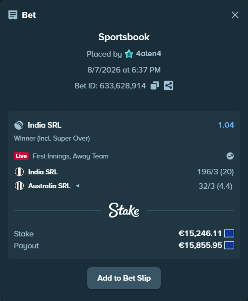 Bet slip: India SRL - Australia SRL, $16,465.80 stake at 1.04 odds, placed by 4alen4