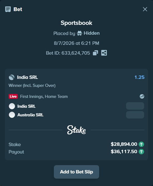 Bet slip: India SRL - Australia SRL, $28,922.89 stake at 1.25 odds, placed by Hidden