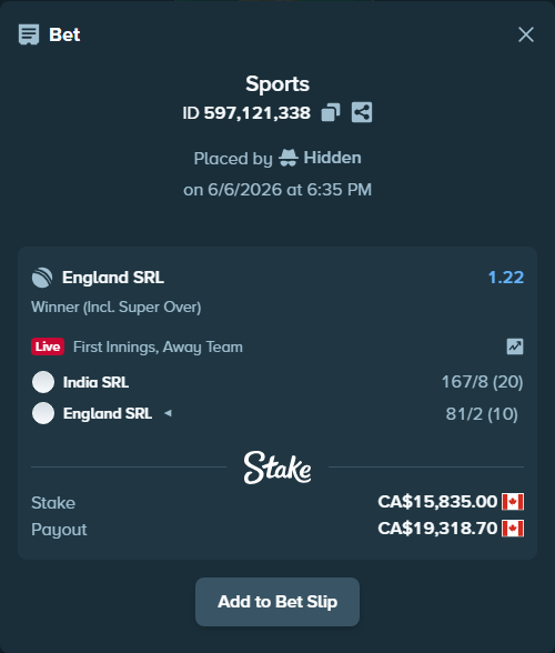 Bet slip: India SRL - England SRL, $11,717.90 stake at 1.22 odds, placed by Hidden