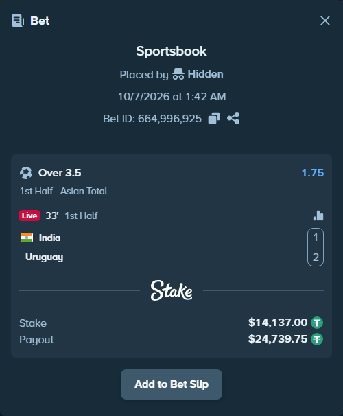 Bet slip: India - Uruguay, $14,137.00 stake at 1.75 odds, placed by Hidden