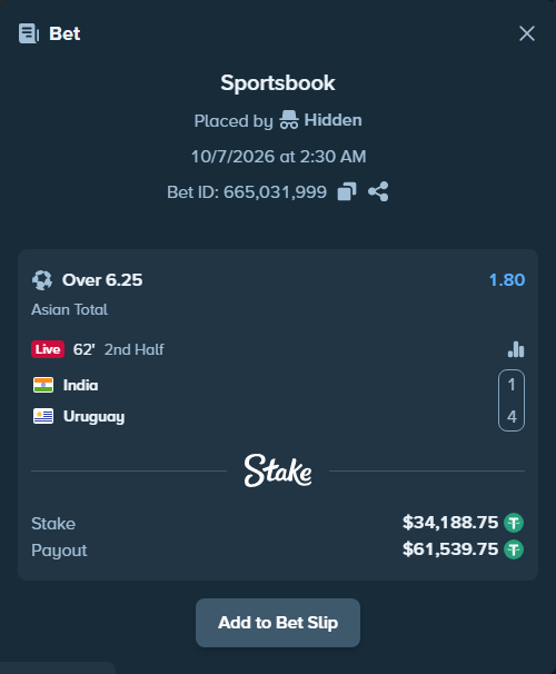 Bet slip: India - Uruguay, $34,188.75 stake at 1.80 odds, placed by Hidden