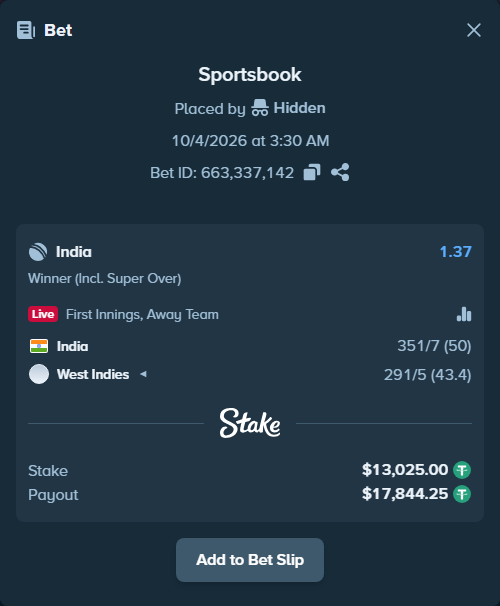 Bet slip: India - West Indies, $13,025.00 stake at 1.37 odds, placed by Hidden