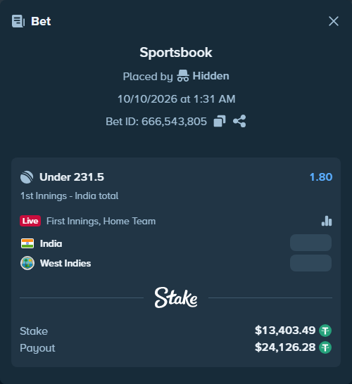 Bet slip: India - West Indies, $13,416.89 stake at 1.80 odds, placed by Hidden